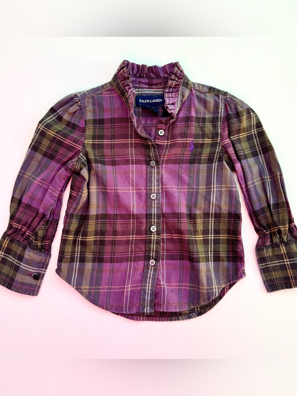 Ralph Lauren Girls Size 5 Ruffle Callar Plaid Cotton Shirt Purple